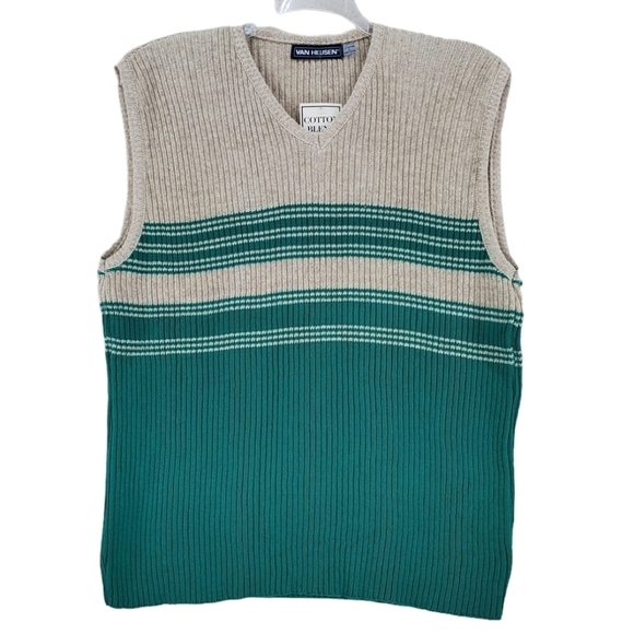 Vtg Van Heusen Dad Vest L Pullover Beige Green Striped Cotton Linen USA 90s NWT - Picture 10 of 10